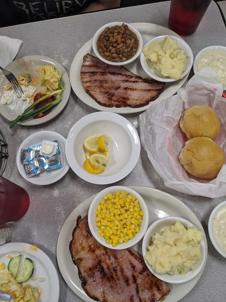 Ham Slice Mashed Potatoes Corn Beans Rolls Salads